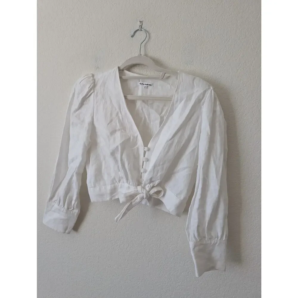 Reformation Linen Puff Sleeve‎ Crop Top White Size 8 Minimalist Luxury Capsule
